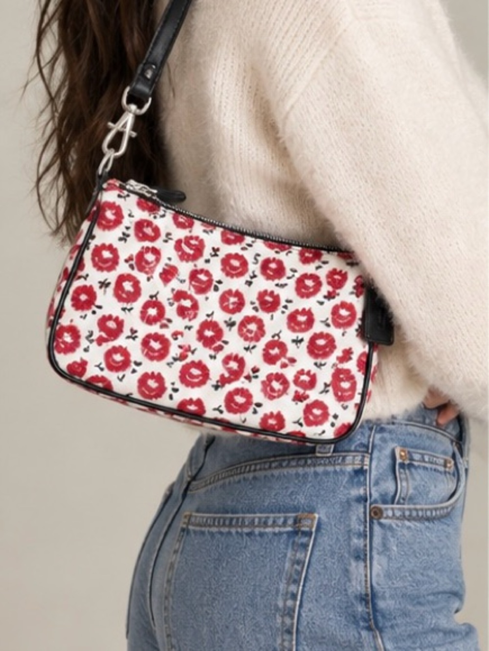 Coach Nolita 19 Red Floral Shoulder Bag Leather Wristlet with Black Strap